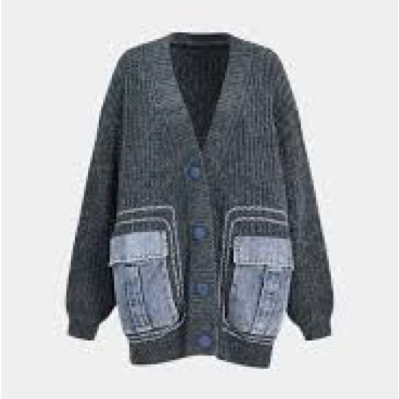 Fashion V Neck Denim Pocket Knitted Sweater Loose Cardigan Jacket oversized - Picture 2 of 11
